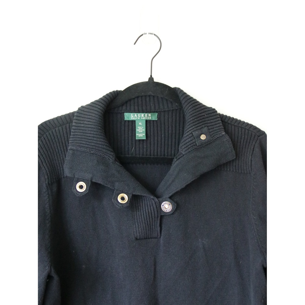 Lauren Ralph Lauren Black Cotton Mock Neck Button Sweater‎ XL Ribbed Knit - Picture 6 of 8